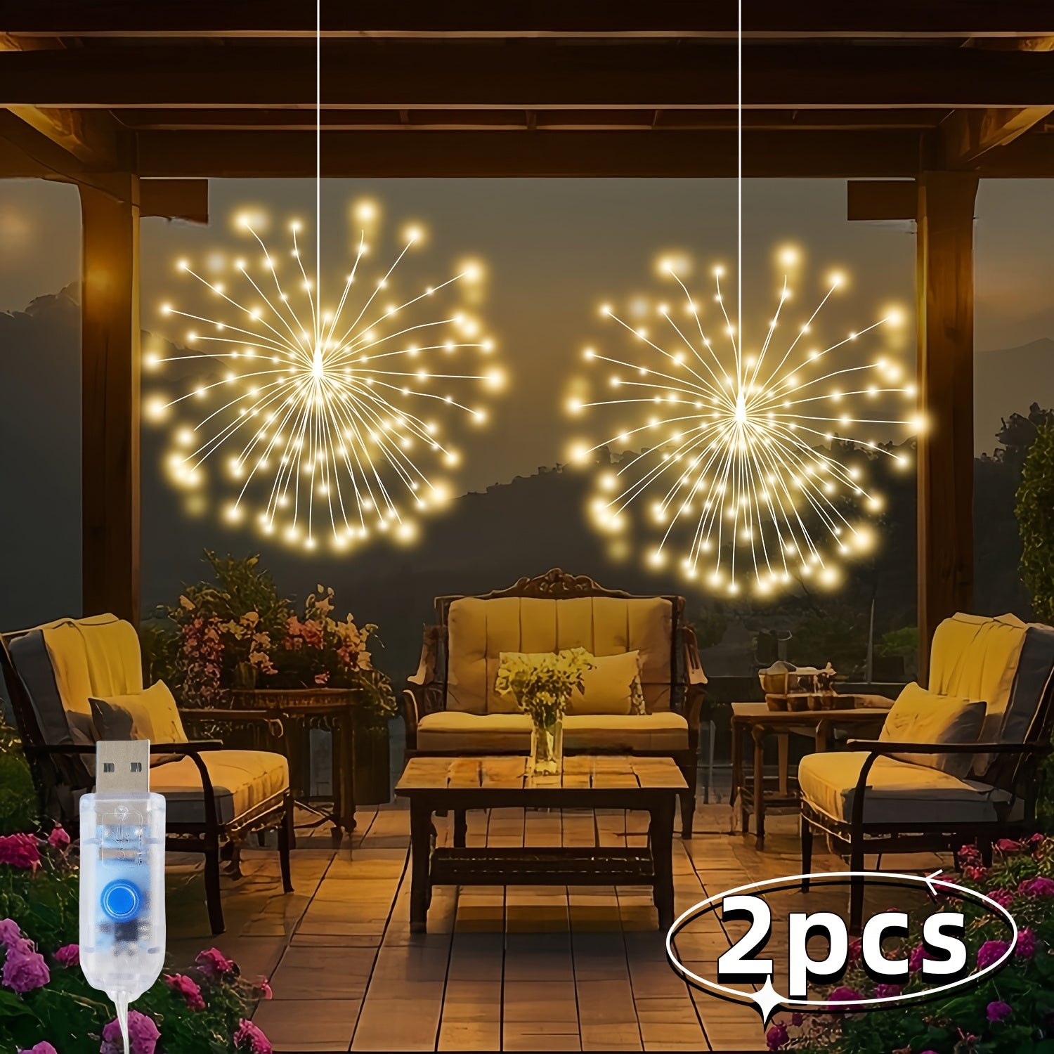 USB供電煙火燈，具備8種模式，智慧懸掛燈條，180/360 LED星爆球燈串，非常適合門廊、露台、花園、室內和室外區域、婚禮和聖誕慶祝活動