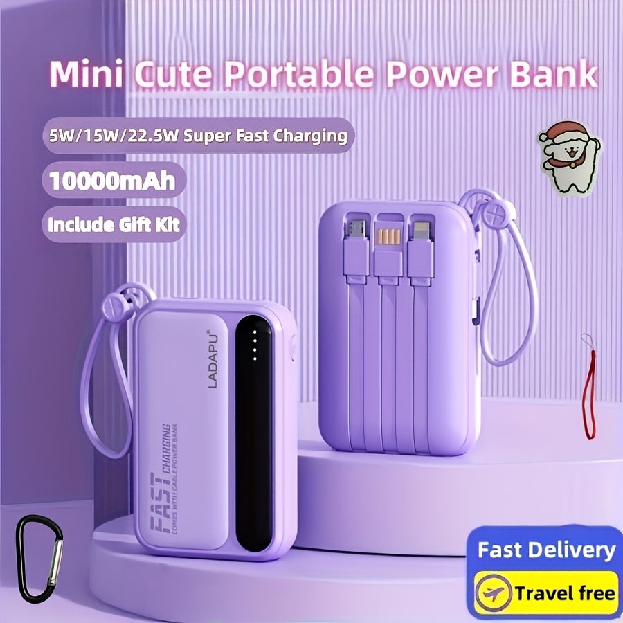 這是一款可愛設計的超薄 10000mAh 電池，提供 5-15-22.5W 超快充。它具有大容量、可充電功能，並配備四條內建充電線。
