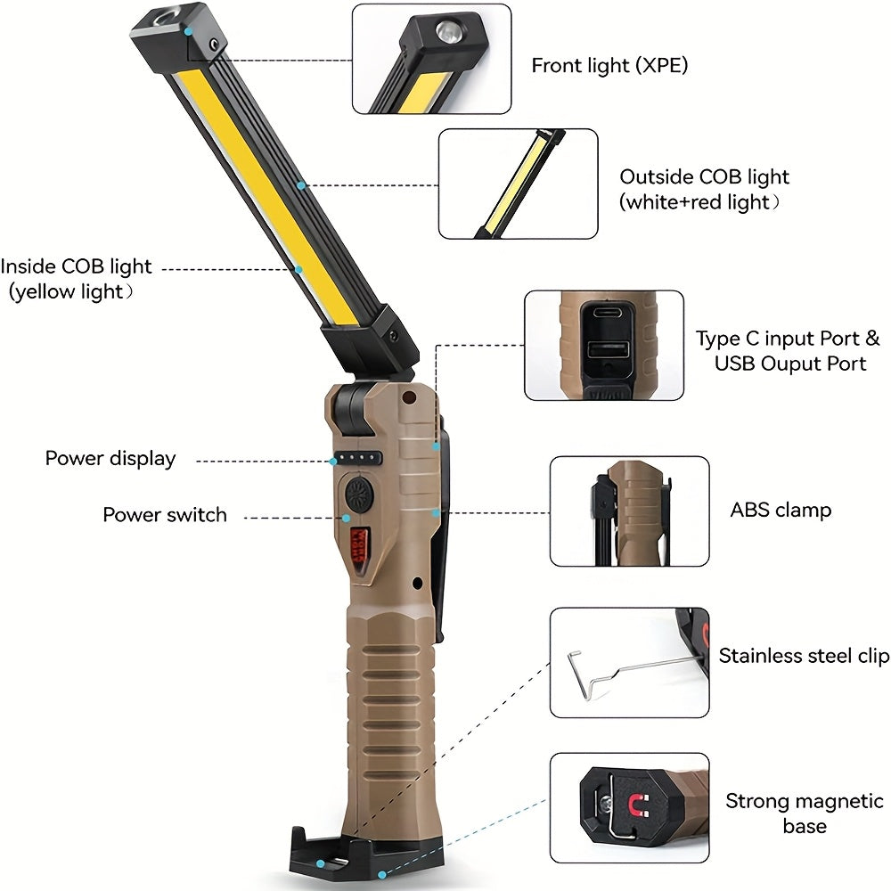 1 Portable LED Flashlight, USB Rechargeable Handheld Light, Foldable COB Work Light with Magnet & Hook, Rotatable Tent Light, 7-Mode 18650 Camping Light, Supports USB Output & Battery Level Indicator