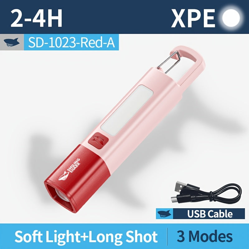 SMILING SHARK SD1023 Portable Flashlight, XPE Super Bright Spotlight - Zoomable COB Side Light, 3 Modes, Type-C Rechargeable, with Hook & Colorful Design, Ideal for Outdoor Camping, Hiking, Adventures & Home Gifts