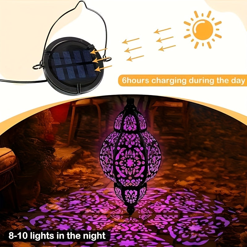 Two-Piece Solar Lantern, Colorful Large Round Moroccan Style Outdoor Hanging Light, Hollow Design, Waterproof, Suitable for Garden, Courtyard, Path, Halloween and Christmas Decoration