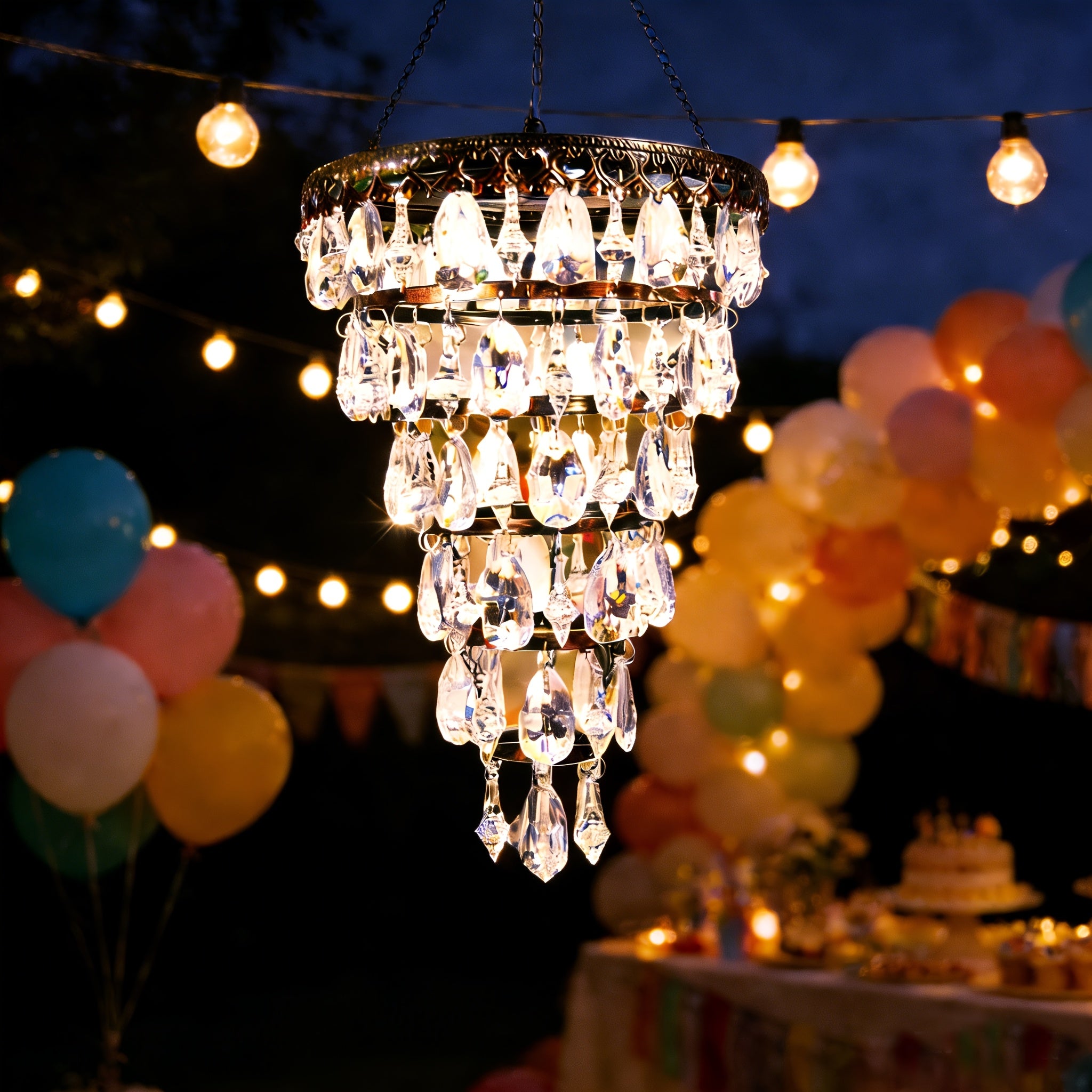 Solar Hanging Crystal Chandelier | Outdoor Garden Decorative Light, Equipped with 54 Warm White LEDs, Waterproof, Lithium Battery Powered, Suitable for Garden, Courtyard, Patio, Gazebo, Party, Wedding