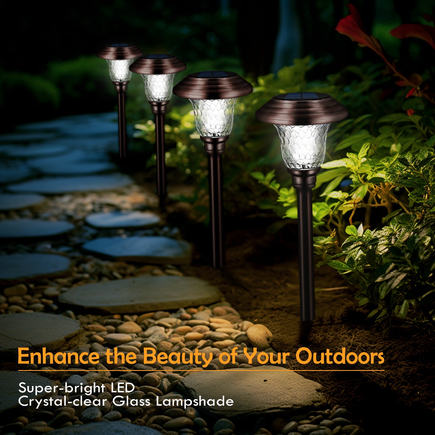 [Super Bright Solar Light] Glass & Metal 8 Pack Solar Path Lights Outdoor 20 Lumens Solar Courtyard Light Glass Stainless Steel Auto On/Off Solar Landscape Light for Lawn, Patio, Yard, Garden, Walkway, Driveway