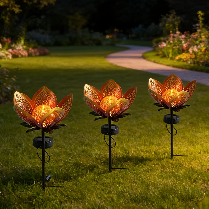 3pcs Solar Hollow Sunflower Lawn Light, Cracked Glass and Metal Floral Design, Suitable for Courtyard, Patio and Walkway Decoration, Outdoor Decoration | Lotus Design | Metal Structure, Solar Courtyard Light, Christmas Gift, Garden Decoration