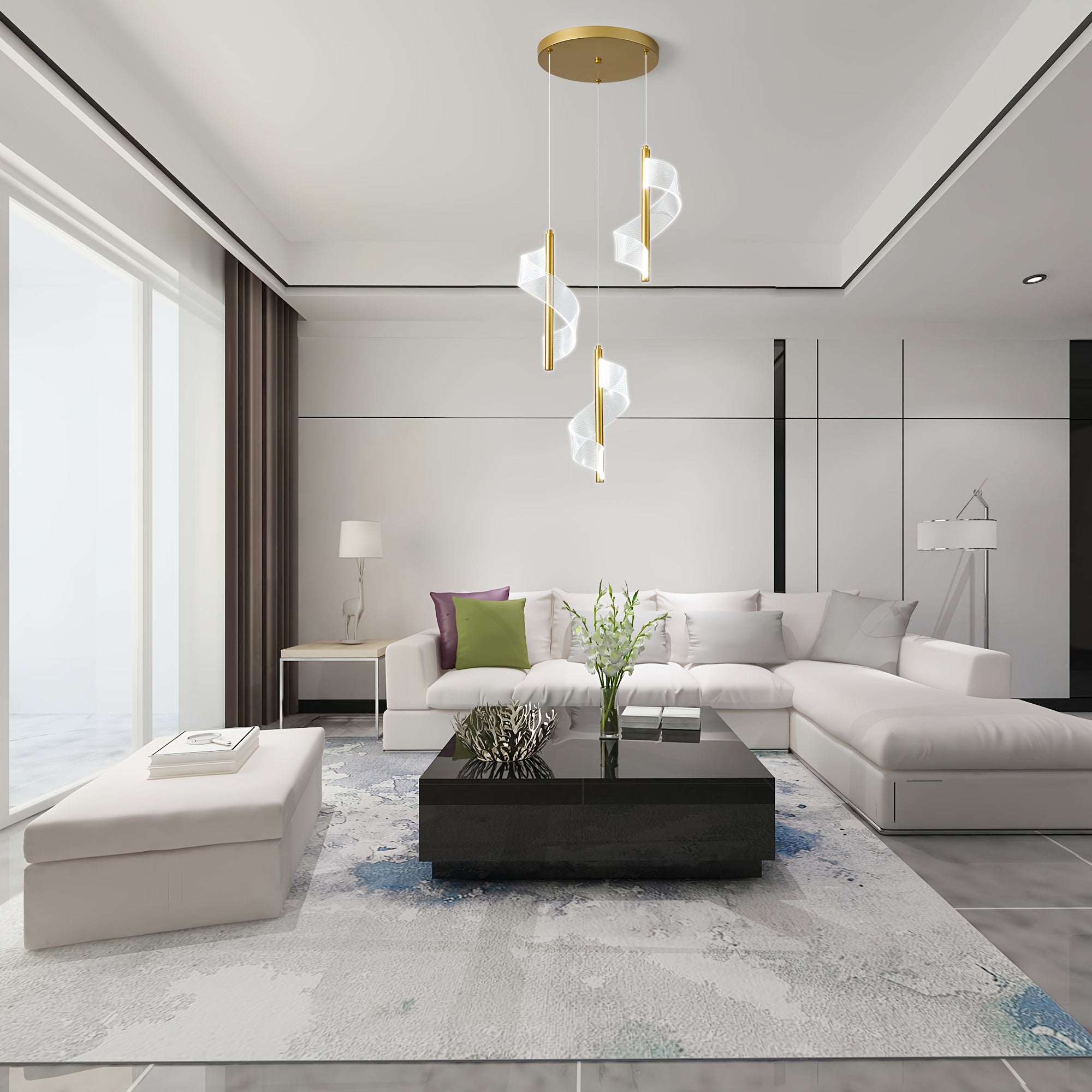Ganeed modern ceiling gold pendant light, LED 6000K cool white 3-light pendant light, 18W height-adjustable semi-flush mount pendant lighting fixture, suitable for kitchen island, dining table, living room