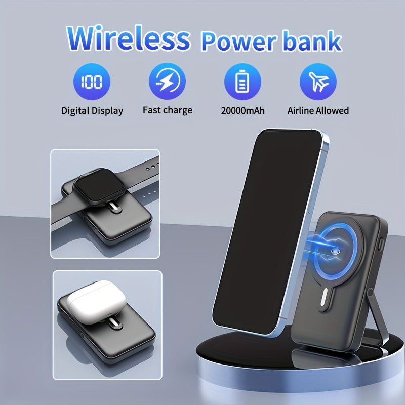 3 in 1 Wireless Power Bank for Summer, Featuring a 20000Mah Magnetic Charger with a Digital Display And Stand. This Portable Battery Pack Is Compatible with Mobile Phones, Headphones, And Watches