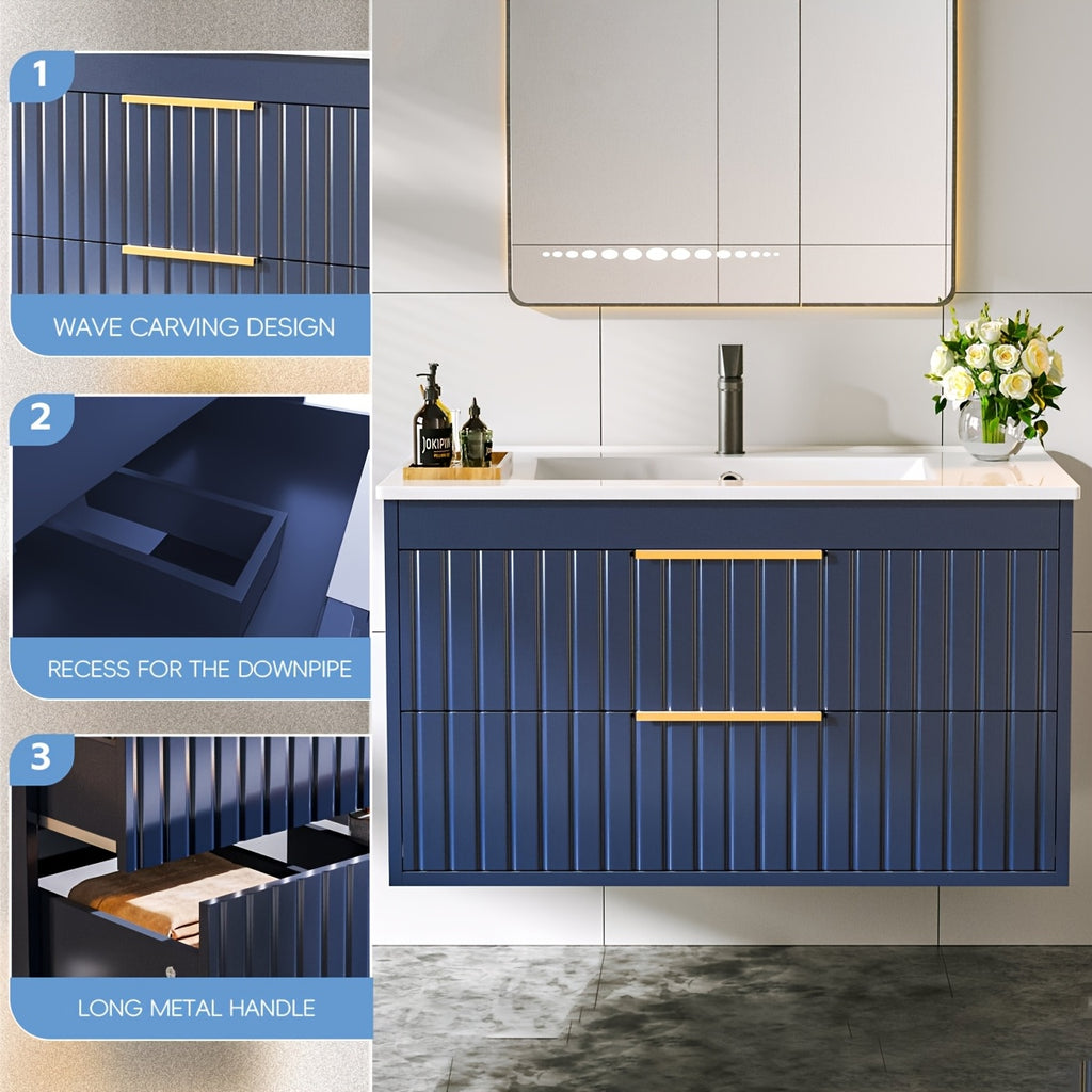 Bathroom Vanity with Sink - Wall Mount Floating Basin Cabinet, Soft-Close 2 Large Drawers, Modern Textured Stripe Design, Hidden Damping Drawers