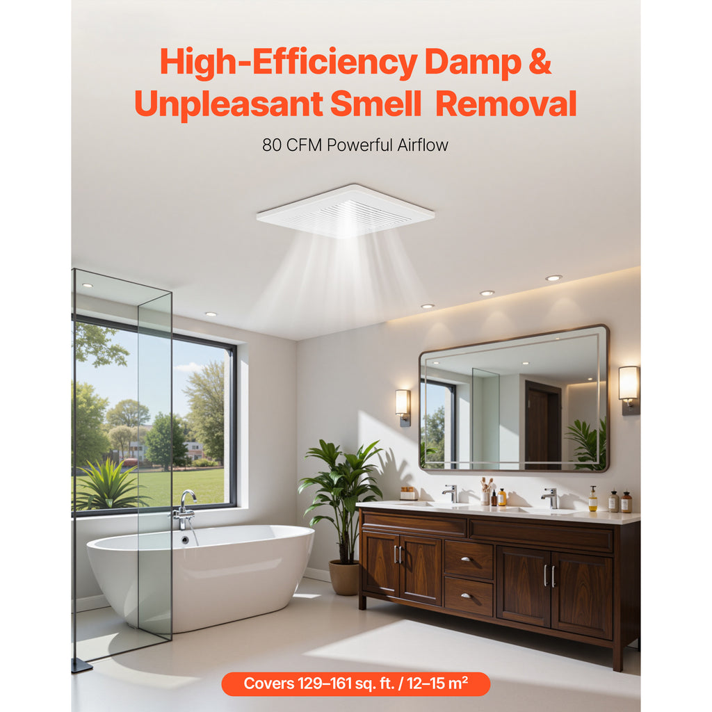 VEVOR Bathroom Exhaust Fan, 80 CFM Bathroom Ventilation, Low Noise, High-Quality Motor Ceiling Fan, Standard 4-Inch Duct Interface, Suitable for Laundry Rooms, Storage Rooms, Home Ventilation, White
