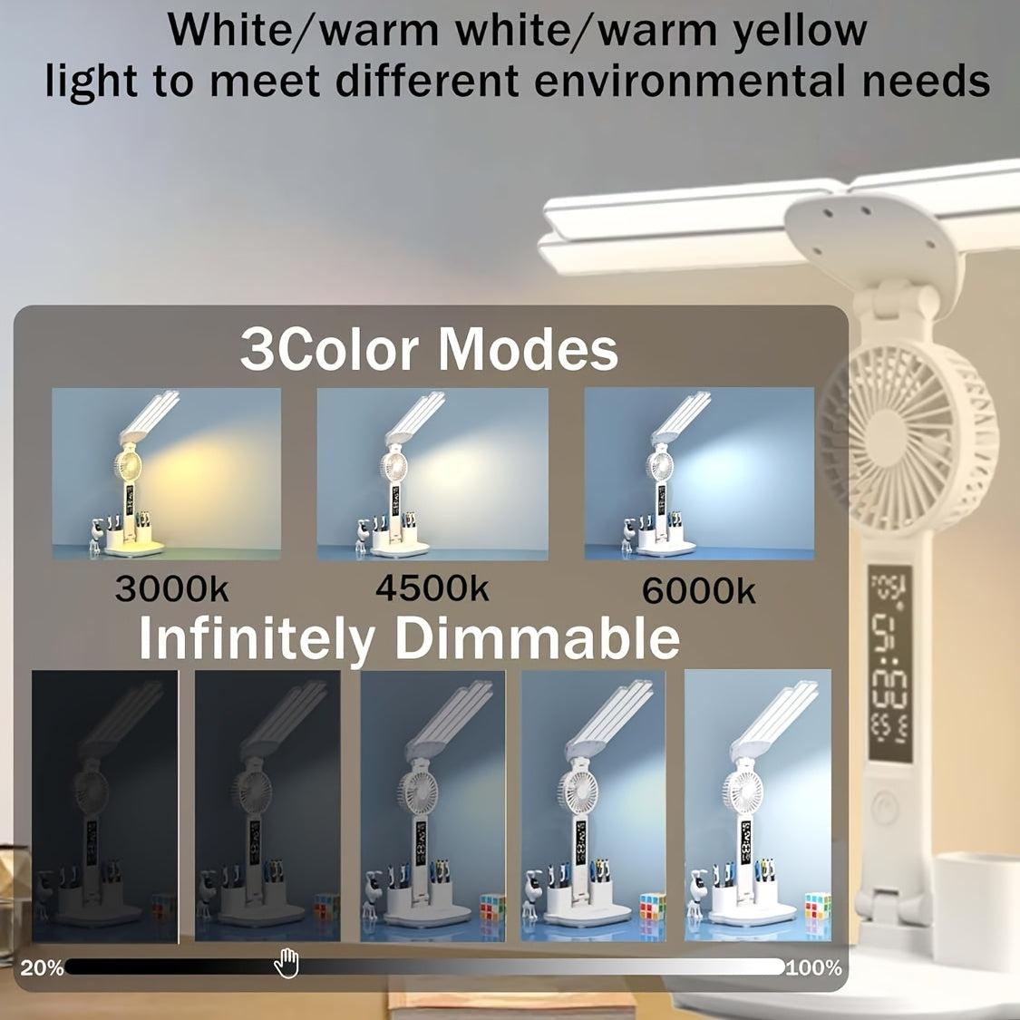 Foldable Desk Lamp, Fan & Clock, Rechargeable