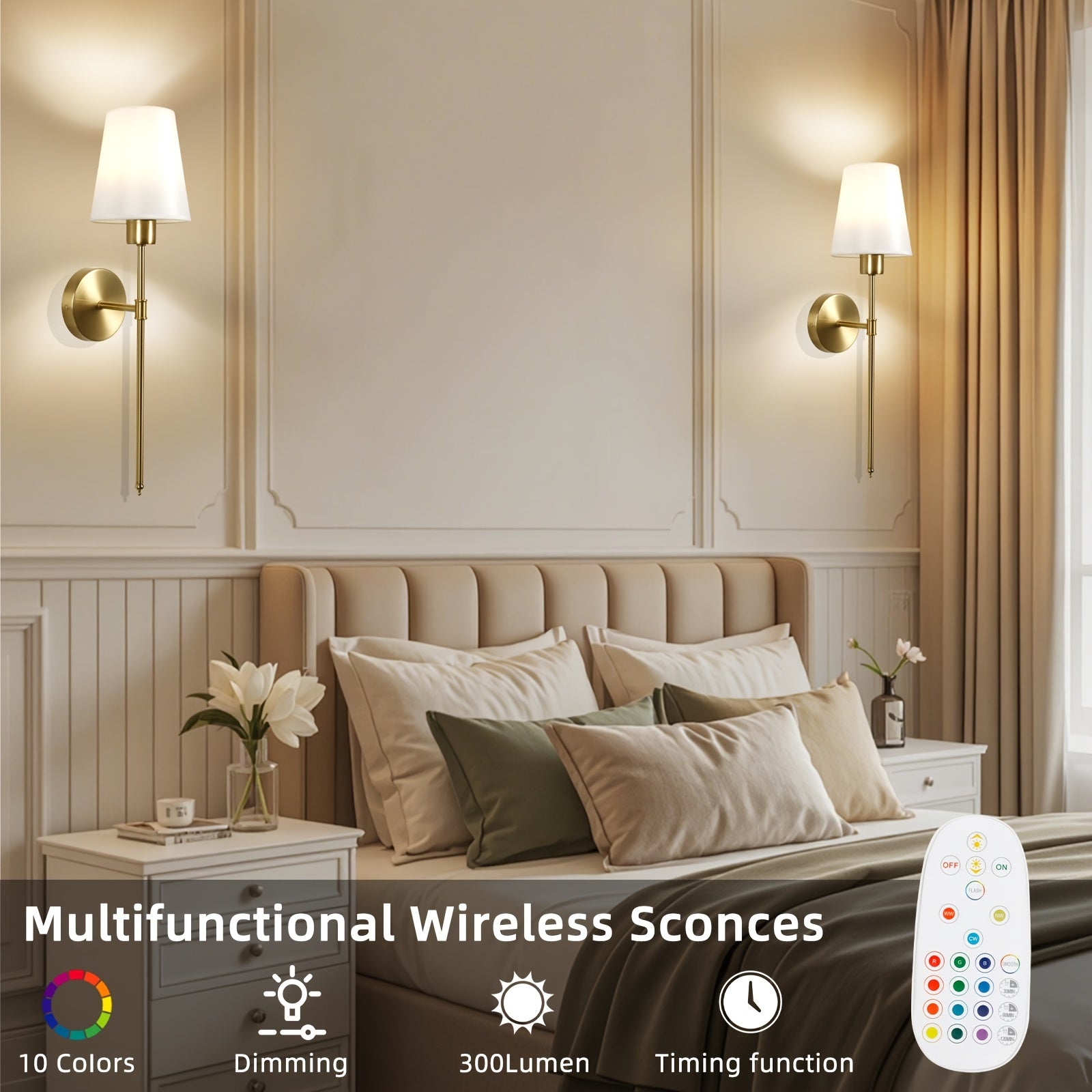 Wall Light Battery Operated Wall Light Set, Black/Gold Wireless Wall Light with Remote Control, 9 Color Modes Rechargeable Wall Light, Suitable for Bedroom Living Room, 2-Pack