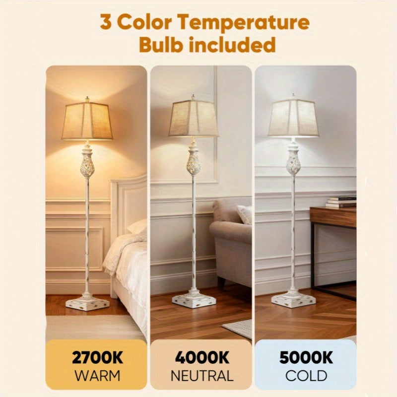 64-inch vintage floor lamp with night light function, three-level dimming rustic style tall standing lamp, with rotary switch and beige linen lampshade, suitable for living room, corner, bedroom and home decoration, white (bulb included)