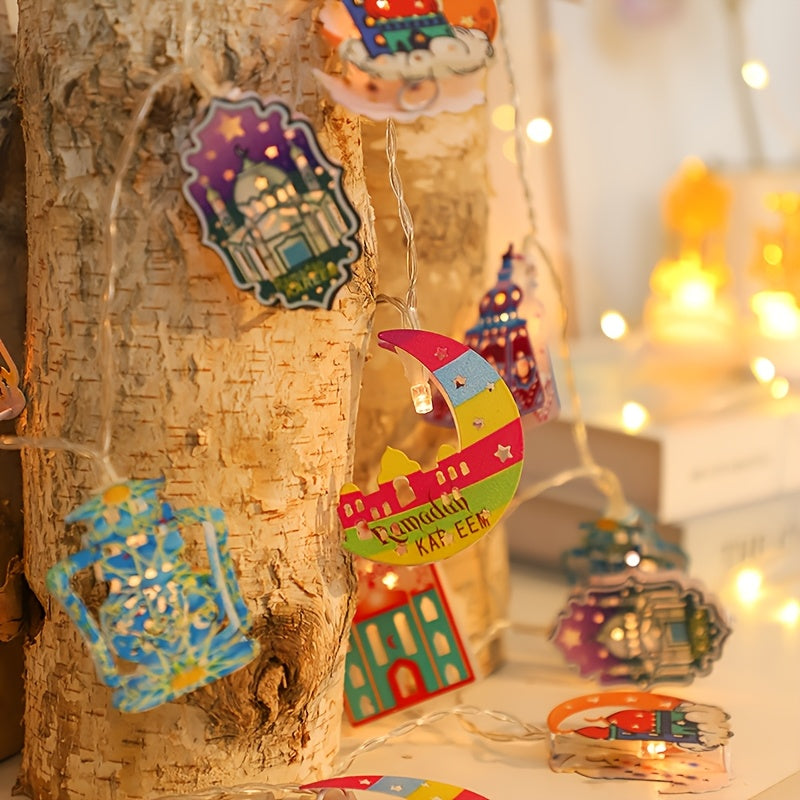 1个多彩LED灯饰斋月灯串- 59英寸，10颗LED，无需电池供电，阿拉伯宫殿设计搭配色彩斑斓玻璃图案，适合斋月装饰、穆斯林节日、家居氛围及伊斯兰庆典、商业装饰、婚礼、酒吧、节日装饰，随机风格