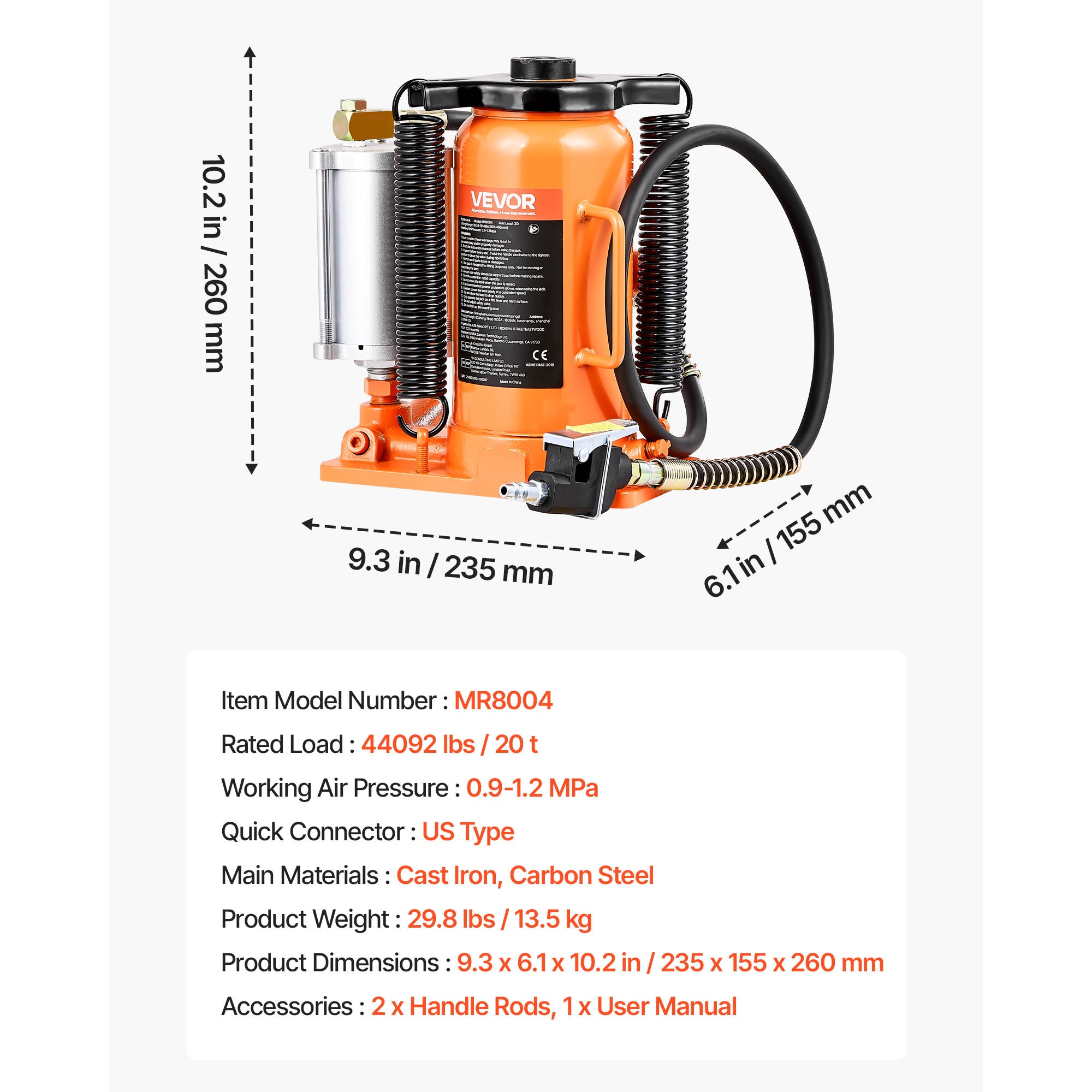 VEVOR Air Hydraulic Jack, 20 Ton (44,092 lbs) Capacity, 10.2-19.5 Inch Lifting Range, Pneumatic/Manual Heavy Duty Welded Jack with Pump, for Car, SUV, Pickup, Truck, RV Repair, Orange
