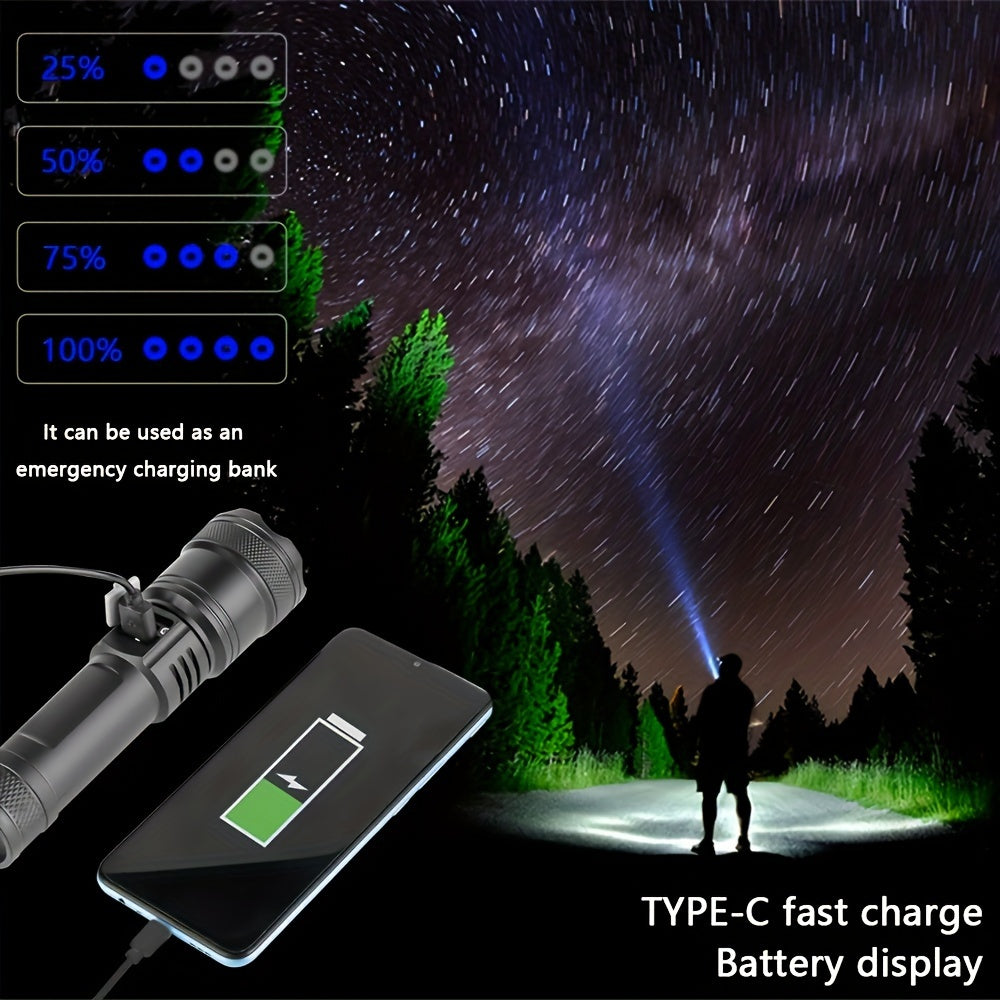 Ultra Powerful XHP50 LED Flashlight, Built-in Rechargeable Battery, Super Bright Zoomable Light, Perfect for Camping, IP65 Waterproof