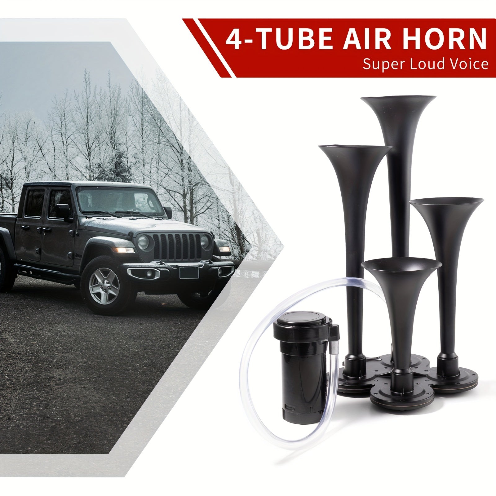 ALLREY Truck Air Horn Train Horn 12V 4-Horn Car Horn Super Loud Air Horn with Compressor, Fits Vehicles Trucks Cars Pickup Jeep SUV Train Boat, Matte Black Silver Red
