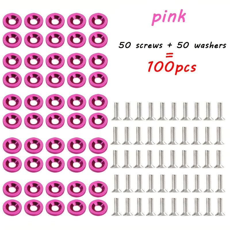 100pcs Aluminum Alloy M6×50 Car Modification Decorative Bolts, Fender/License Plate/Engine Bay Decorative Nuts, Multiple Colors Available, DIY License Plate Fasteners for Car Modification