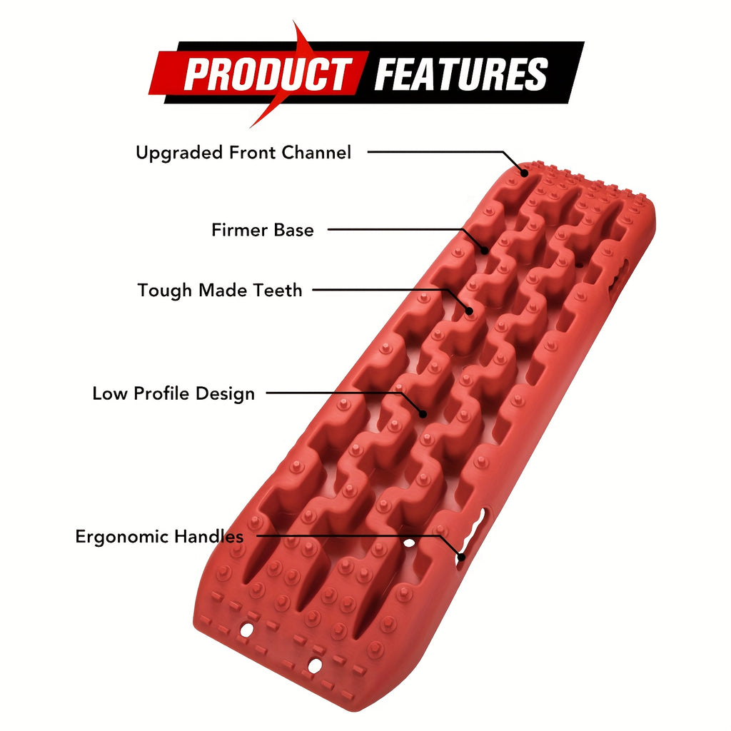 Off-Road Recovery Traction Boards – 4WD Rescue Mats for Mud, Sand, Snow & Rocky Terrain. Pair of 4x4 Recovery Tracks with 2 Straps, for RVs, Trucks, Jeeps, SUVs – Available in Orange & Red