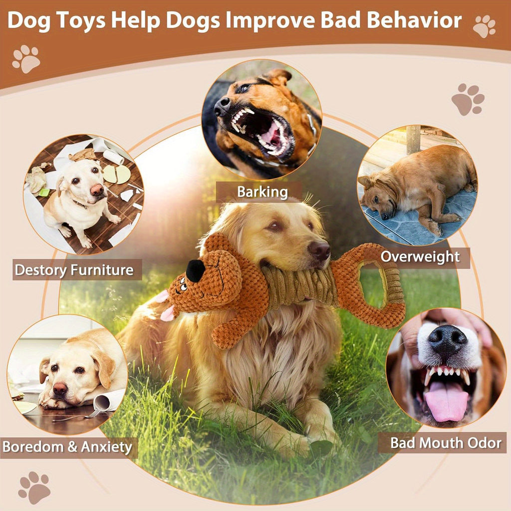 互动发声毛绒玩具，专为小狗、medium型犬和大型犬设计，用于拔河游戏，具有纸屑声音效果，无需电池。