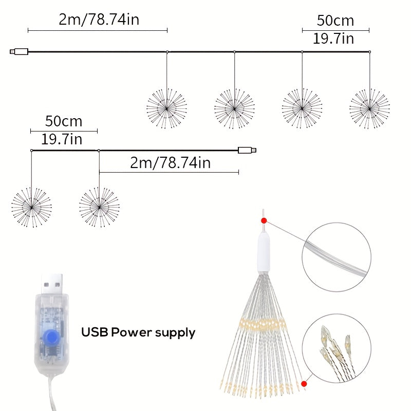 2/4 LED悬挂仙女灯，180/360星爆球灯，8种可调模式IPX4悬挂仙女灯，铜线火花灯，适合花园派对、帐篷、圣诞节