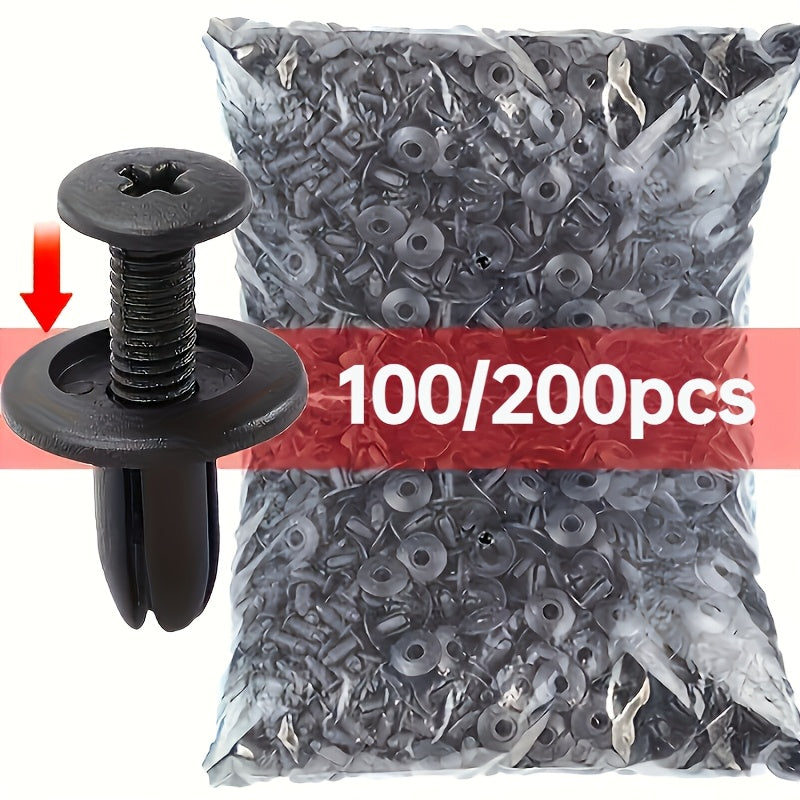 100/200-Piece 6mm/8mm Automotive Plastic Rivet Fasteners – For Door Trim Panel Fixing, Black Simple & Practical Essential Accessories, Fender Bumper Edge Molding Clips, Auto Bumper Rivets, Interior Trim Accessories, Decorative Trim Clips