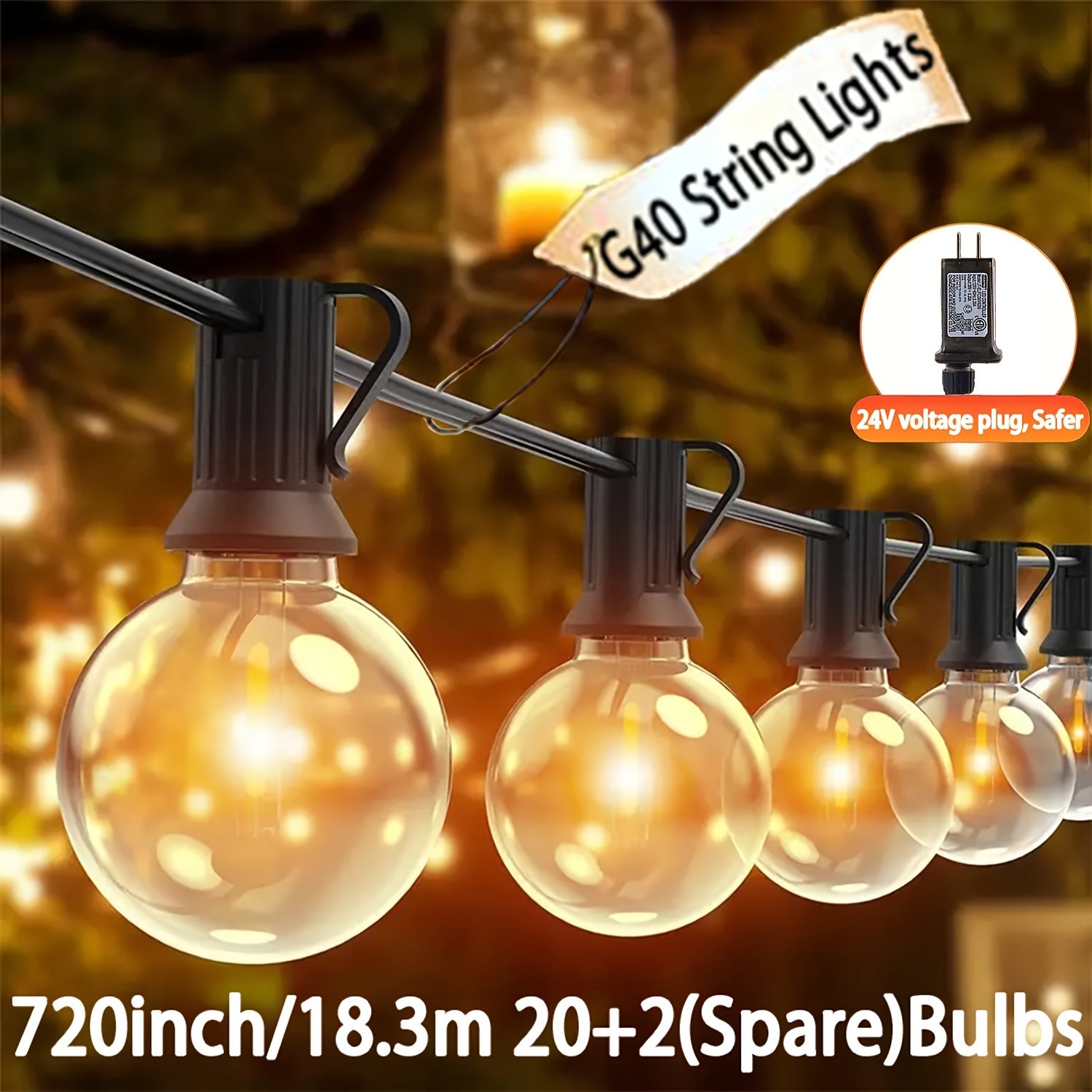 XBATE G40球泡灯 - 100/60/40/30/20FT LED透明灯泡，暖白色，适用于室内/室外使用，非常适合后院、门廊、阳台、派对装饰，适合各种天气，扩展性强，24V低压插电供电，节日装饰照明|发光球泡灯|柔性照明串