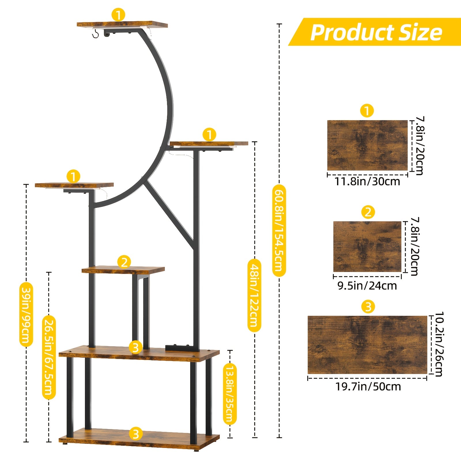 Indoor Plant Stand with Grow Light, 6/7-Tier Multi-layer Large Polygonal Metal Curved Display Shelf, Ideal for Balcony, Home Decor and Christmas Decoration