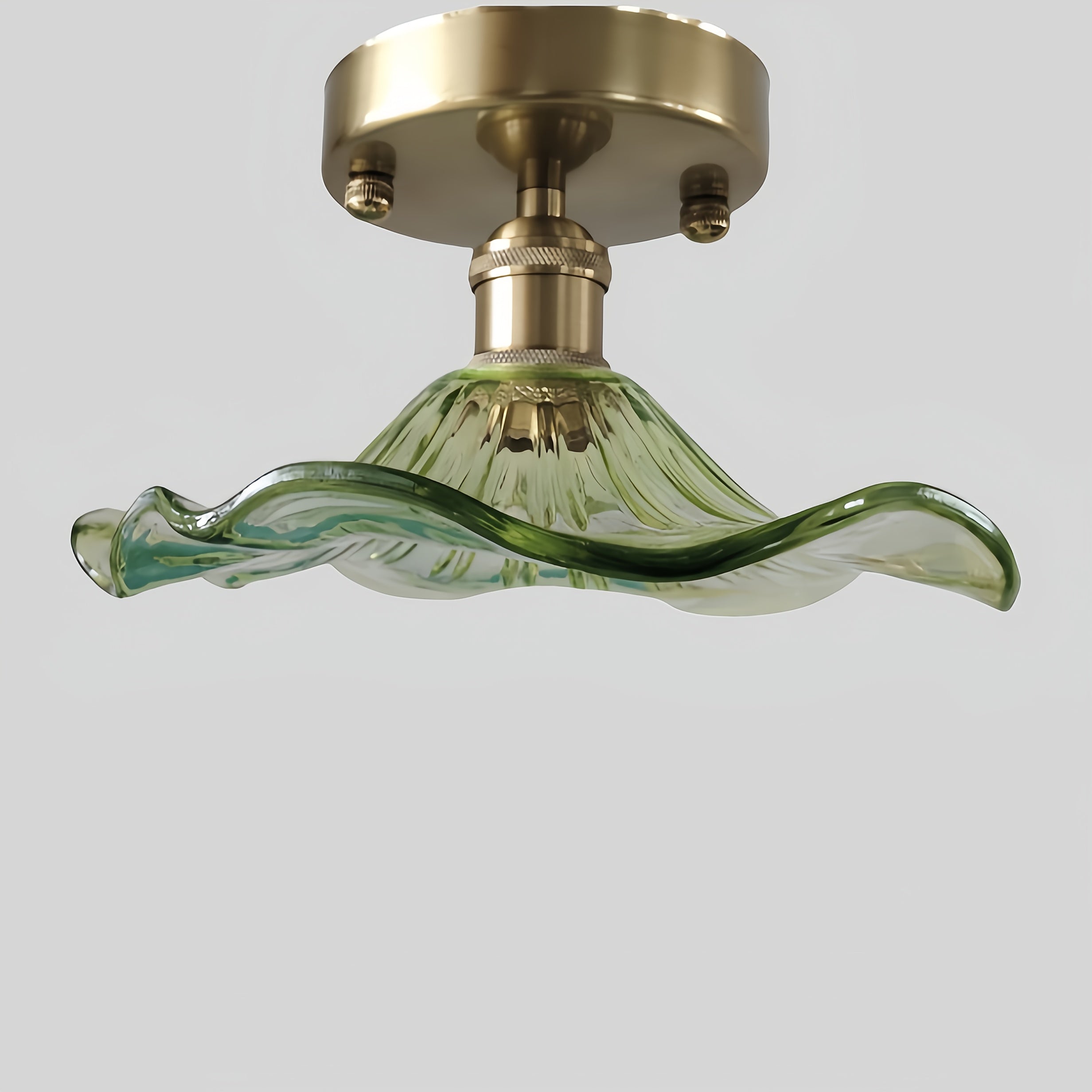 Semi-flush mount ceiling light, gold hallway vintage light fixture ceiling, with green water lily glass, 4.72-inch base modern ceiling light, suitable for porch, kitchen, bedroom (E27 base, bulb not included)