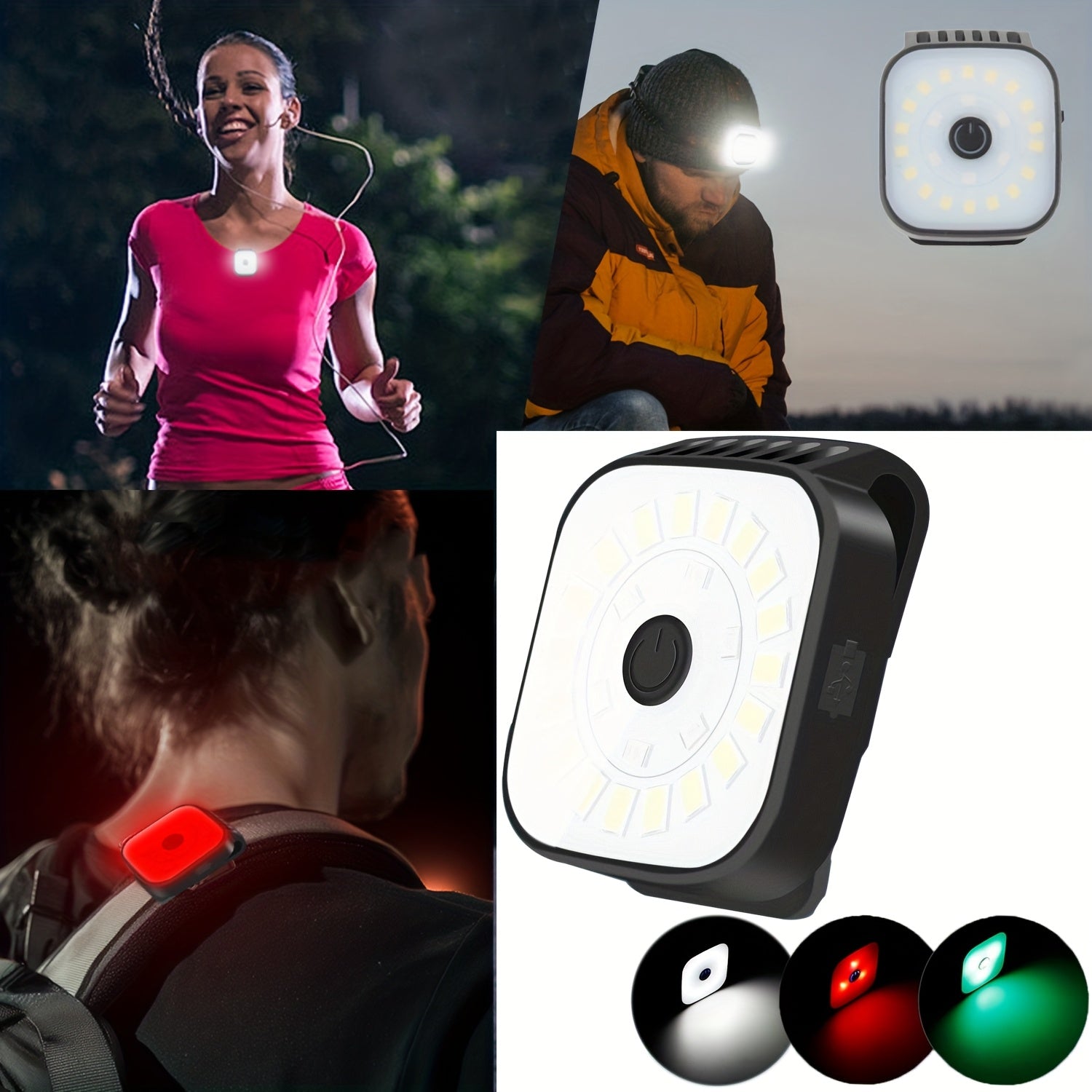 USB Rechargeable Clip-On Hands-Free Flashlight Headlight Red Green Alternating LED Running Light Night Walking Dog Flashlight Ideal for Jogging Fishing Camping
