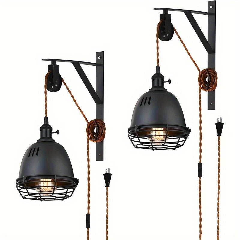 1/2-Piece Farmhouse Style Plug-In Pulley Pendant Light, with Brown Cord and Switch Wall Light