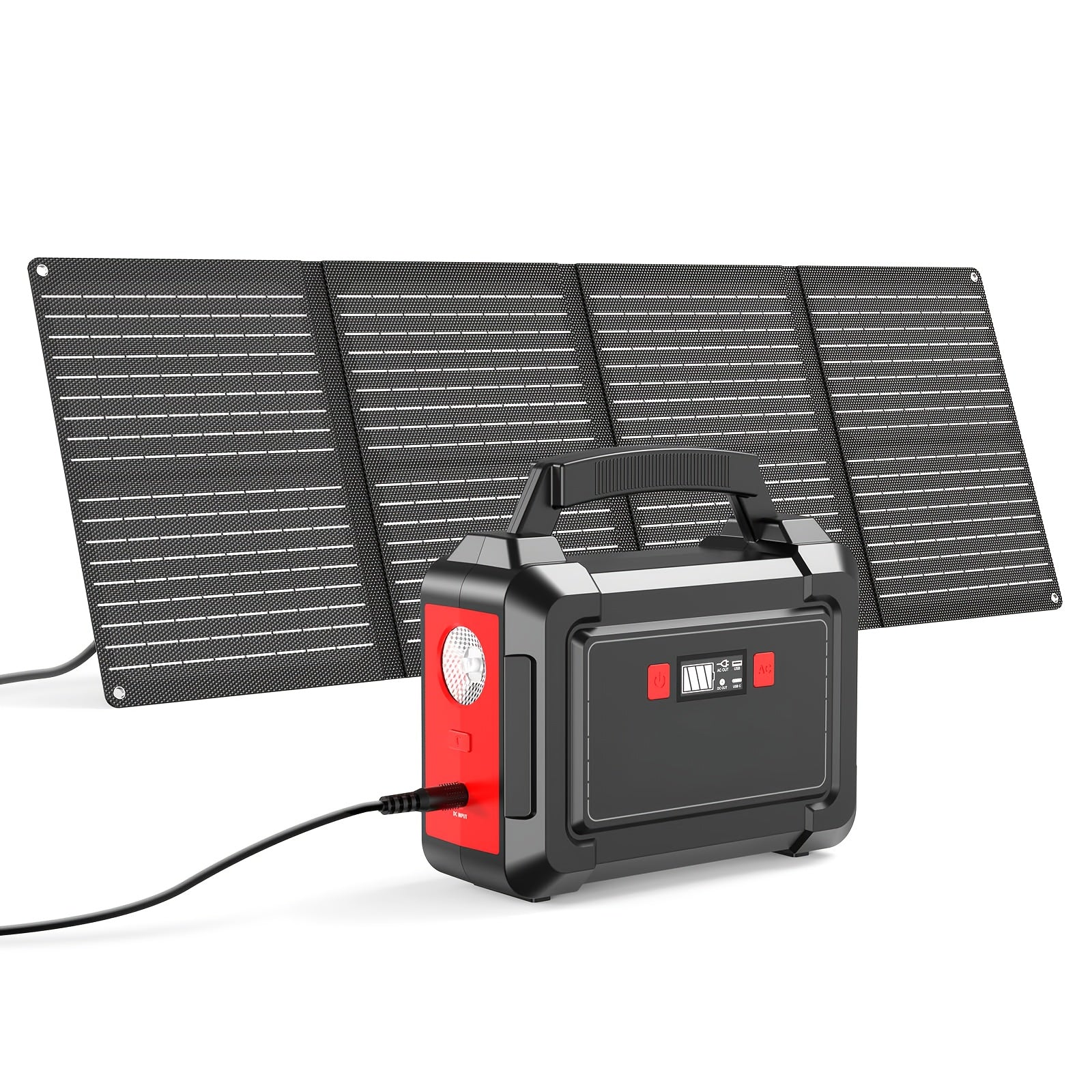 行動式電源站 296Wh&60W太陽能板/155Wh&30W太陽能板/296Wh/155Wh，露營太陽能發電機鋰電池組，帶110V 2*AC QC3.0 USB埠的LED手電筒，適用於家庭露營房車膝上型電腦應急電源備用聖誕禮物
