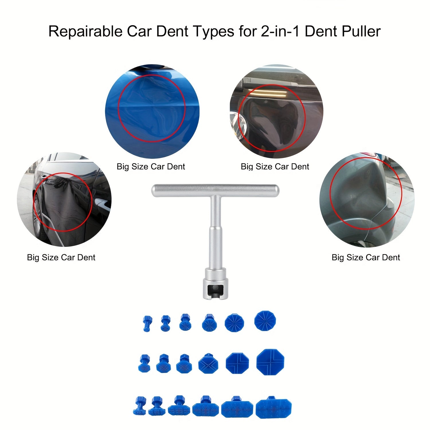 1 Set Car Dent Repair Tool, Silver T-Handle with 36 Blue Car Dent Pulling Tabs, Affordable, Sturdy and Durable, Industrial Grade Quality, Dent Repair Tabs Tool, Car Dent Collision Repair Tool, Restore Perfect Body