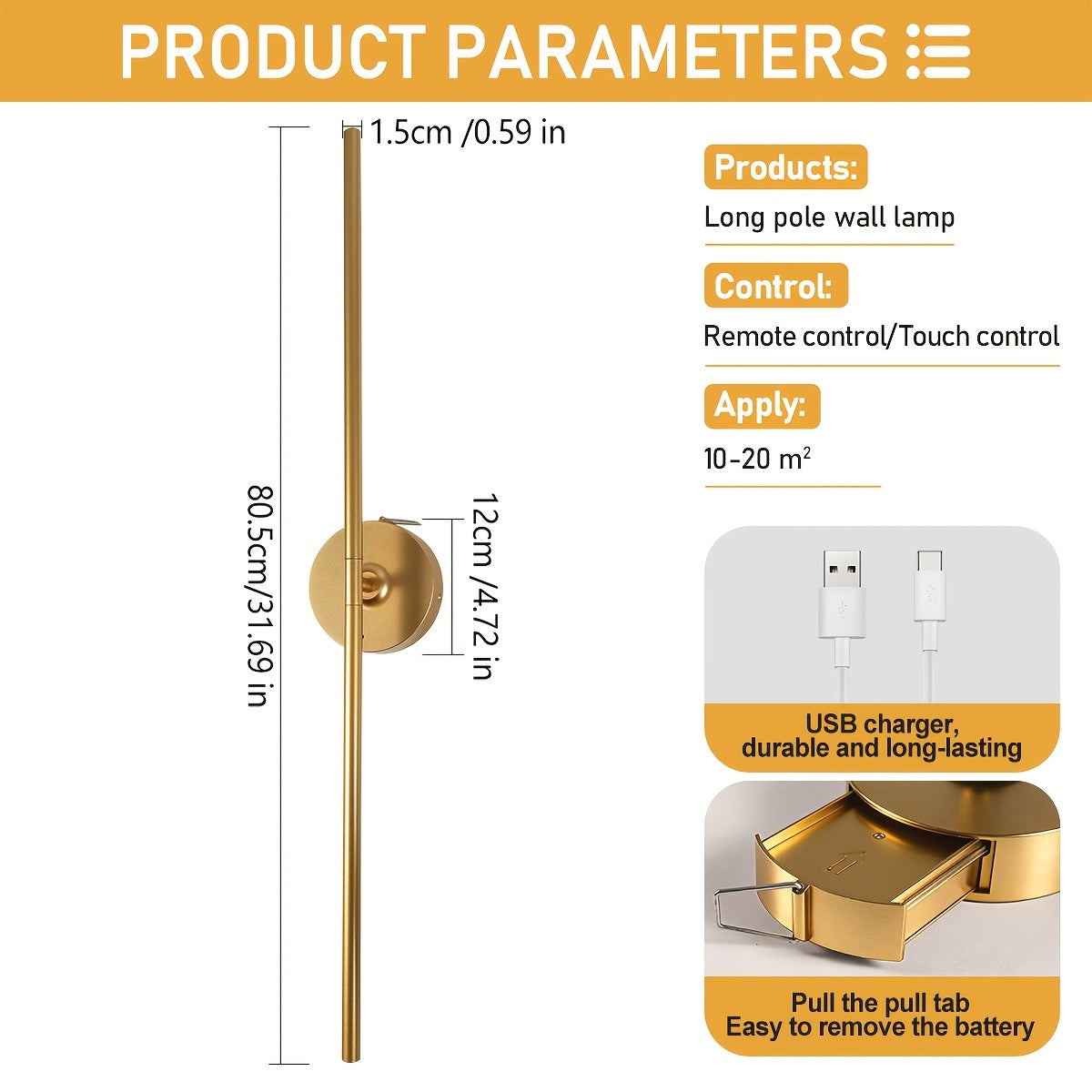 /2-Piece Modern Black Gold Cordless Wall Light with Remote Control and USB Charging, Rechargeable Lithium Battery Powered (No Plug-In Required), Stepless Dimming Sleep Mode and Memory Function, 3-Color Stepless Dimming