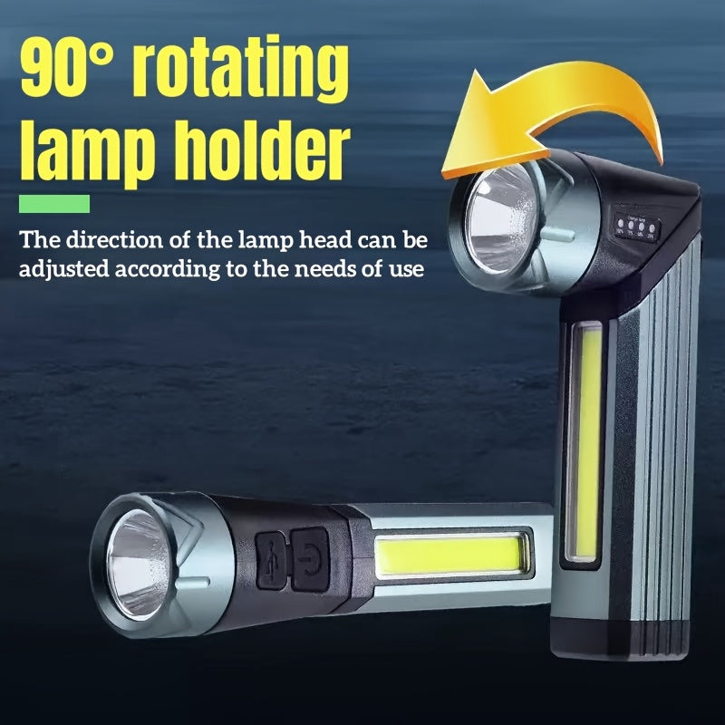 Multifunctional High Strength Flashlight 90° Rotatable Foldable Handheld Work Light Portable Type-C Rechargeable 7 Lighting Modes Magnetic Side COB 18650 Flashlight with 1500mAh Battery Camping Gear Outdoor Lighting