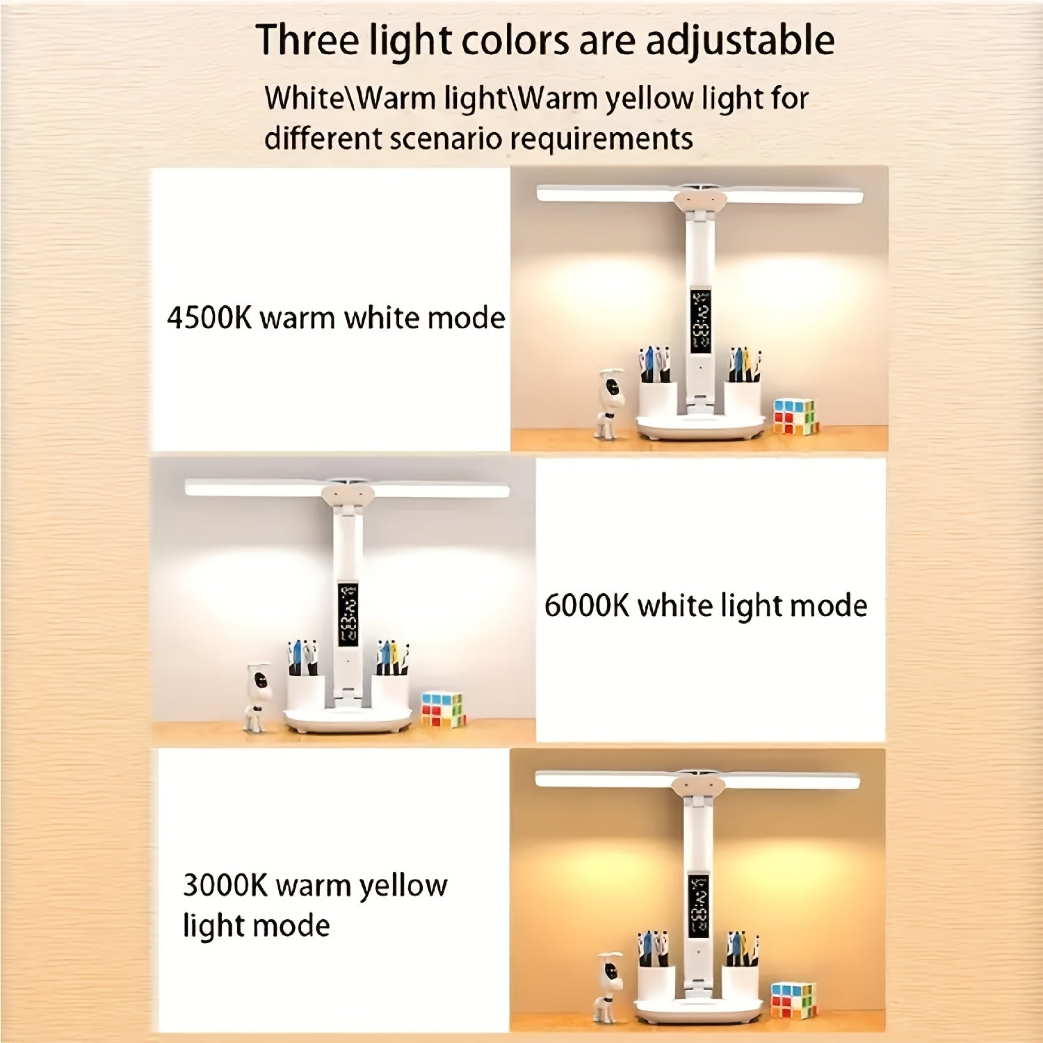 Foldable Desk Lamp, Fan & Clock, Rechargeable