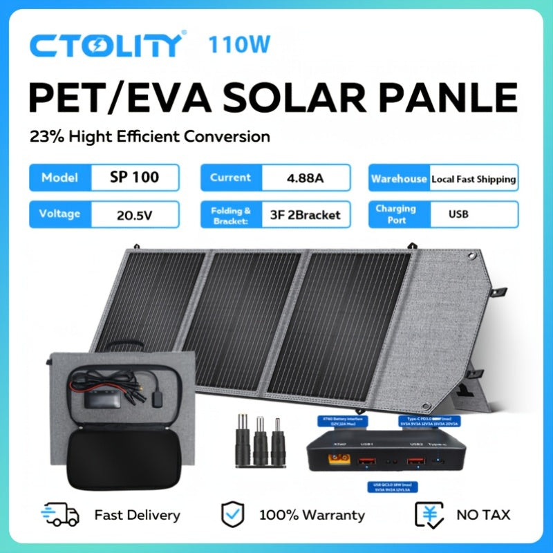 Ctolity 110W 太陽能板 (單體販售), 2400W/ 1800W/ 500W (峰值 4800W/ 3600W/1000W) 可攜式電源站, 2048Wh/ 1024Wh/ 345Wh LifePO4 電池, 400W/ 200W/ 100W 太陽能板可用於直接充電手機、筆記型電腦, UPS 功能