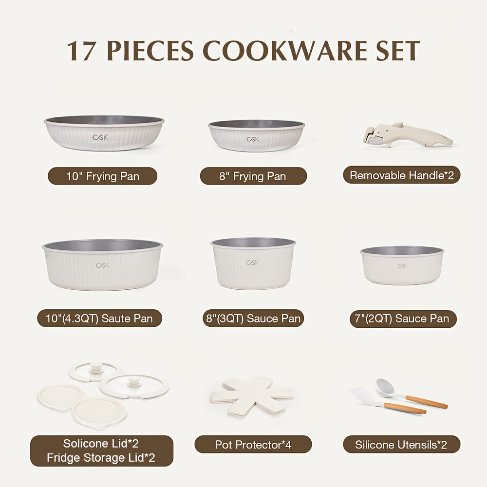 17-Piece Cookware Set with Removable Handle Non-Stick Pots – Non-Stick Kitchen Cookware Set with Detachable Handle – Induction Cooktop Compatible for Camping – Oven & Dishwasher Safe