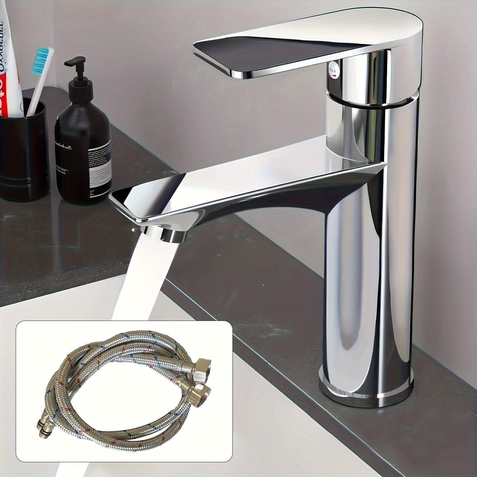 Single Hole Modern Chrome Bathroom Faucet - Water-Saving Technology, Hot/Cold Control, Single Handle Operation, Valve, for Sink & Vanity, Durable Plated Faucet (Connectors Included)