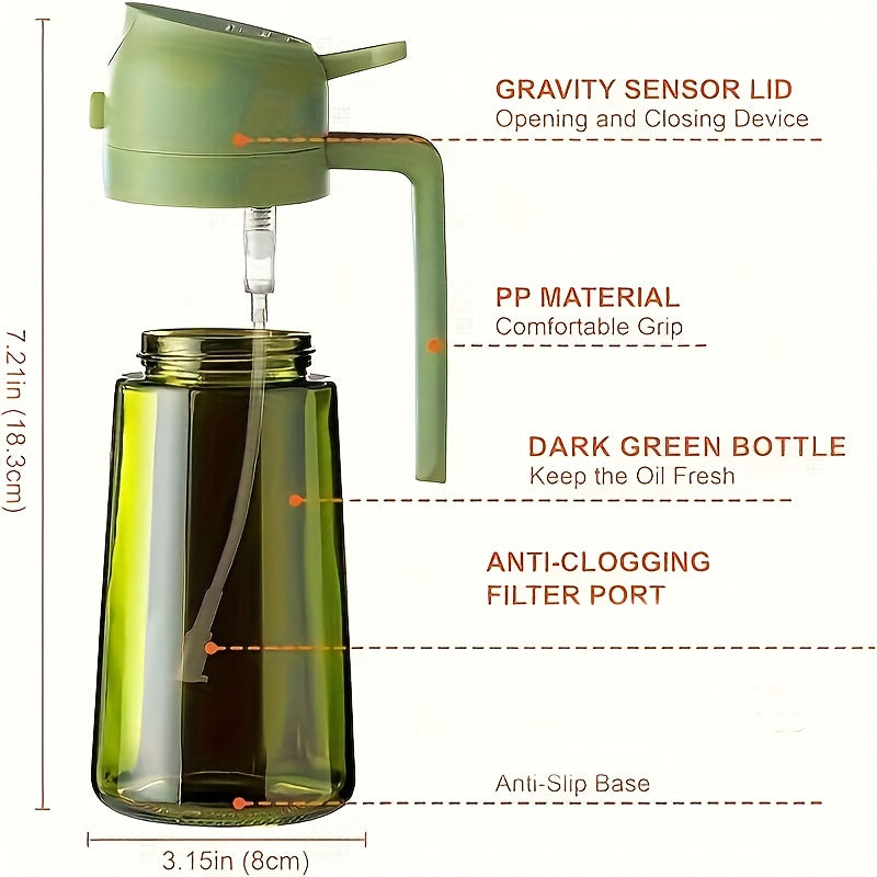 1PC Dual Use Oil Sprayer & Dispenser, Non-stick Auto Flip Condiment Squeeze Bottle, Green Plastic Olive Oil Storage Bottle for Kitchen BBQ Salad
