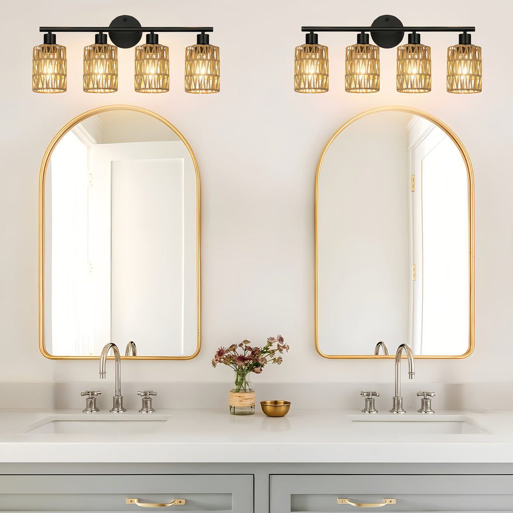 Farmhouse style 4-light hardwired semi-flush mount / ceiling mount vanity mirror light, with hand-woven lampshade — vintage cast iron top-mount wall light, suitable for bathroom, bedroom, hallway mirror installation (mirror not included)