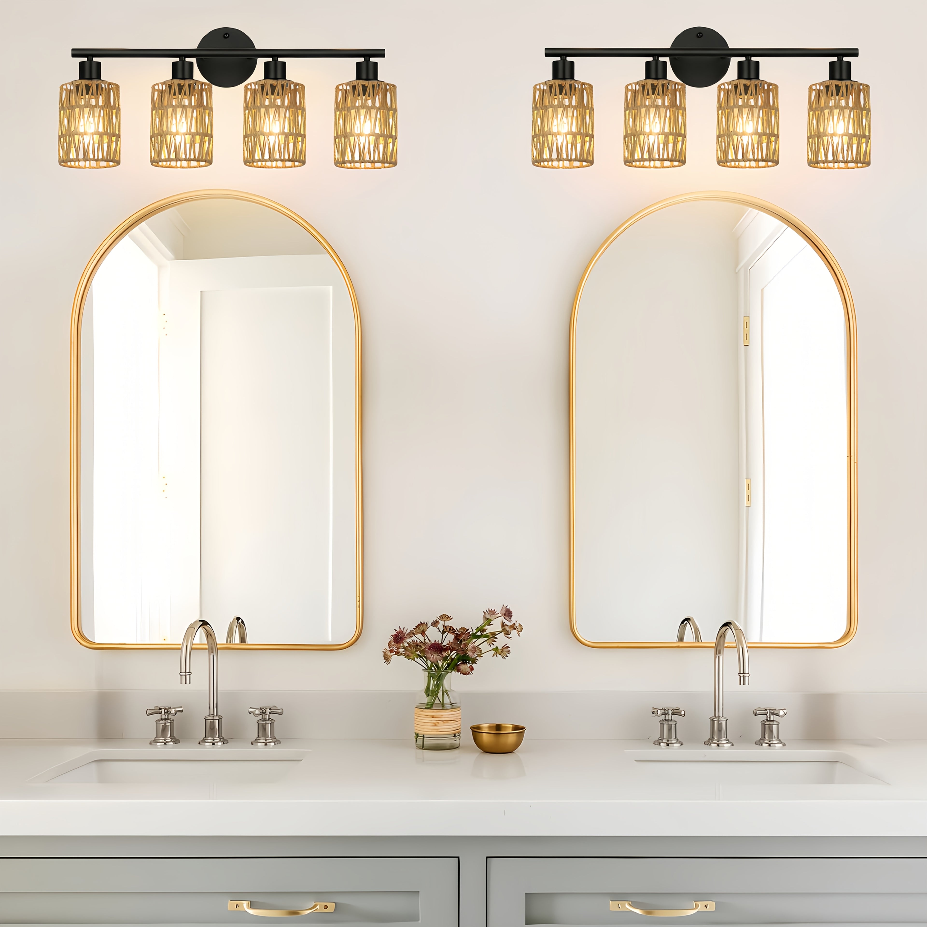 Farmhouse style 4-light hardwired semi-flush mount / ceiling mount vanity mirror light, with hand-woven lampshade — vintage cast iron top-mount wall light, suitable for bathroom, bedroom, hallway mirror installation (mirror not included)