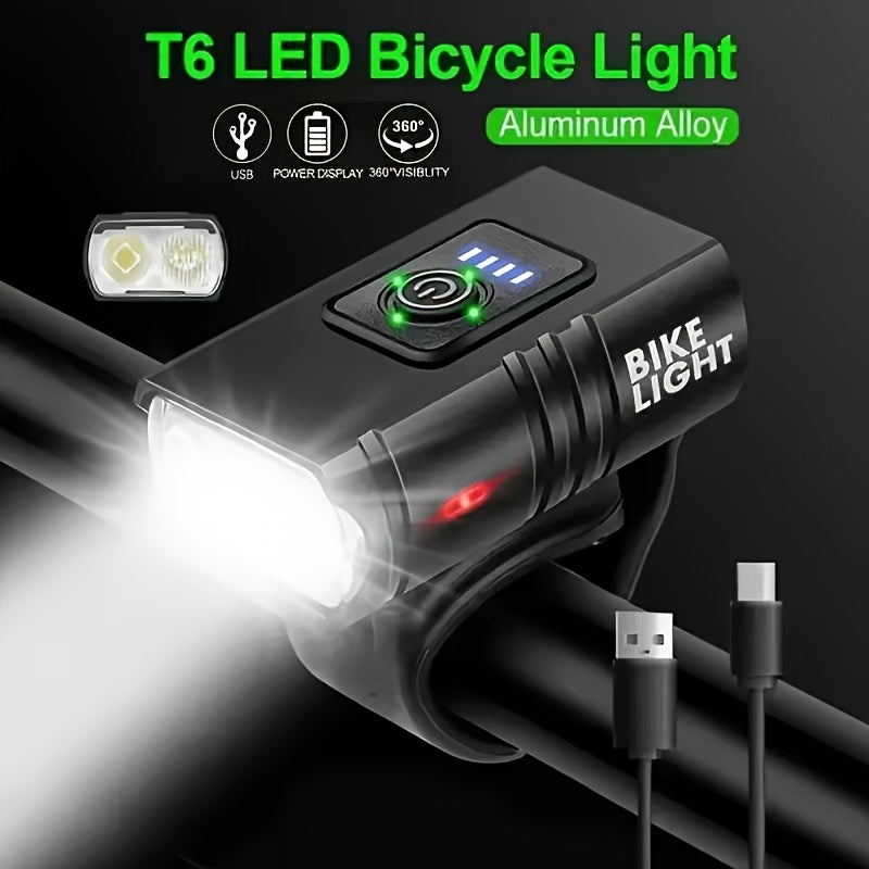 Bicycle Light Rechargeable High Beam Flashlight Night Riding Light Cycling Light with Aluminum Alloy Housing & Battery Level Indicator/
