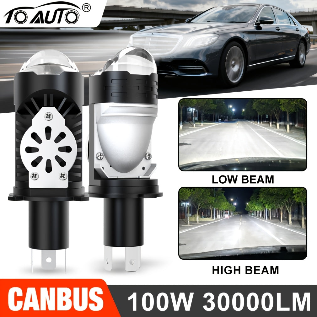 TOAUTO 2-Pack H4 LED Mini Projector Lens LED Car Headlight Bulbs 30000LM 100W CANBUS Turbo Car Bulb H4 High/Low Beam Fog Light Bulb 12V 24V, No Battery Included