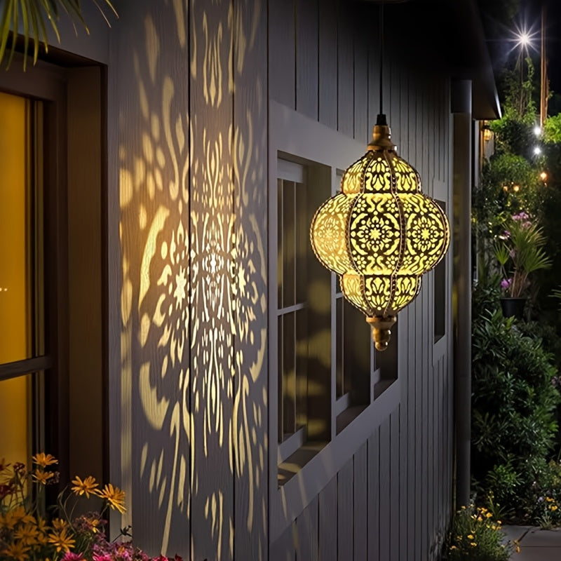 Two-Piece Solar Lantern, Colorful Large Round Moroccan Style Outdoor Hanging Light, Hollow Design, Waterproof, Suitable for Garden, Courtyard, Path, Halloween and Christmas Decoration