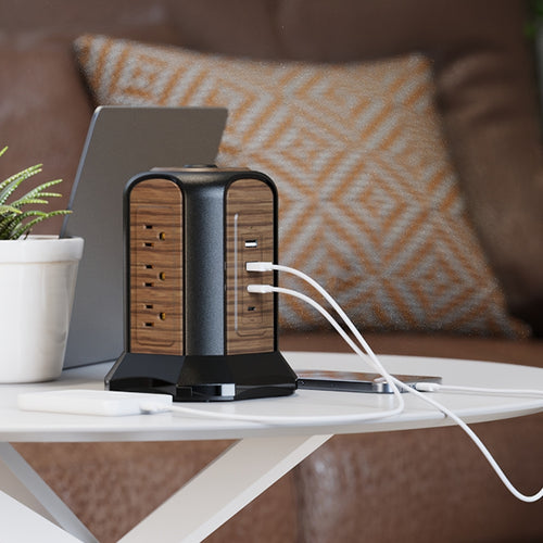13-in-1 PD Power Strip Tower Surge Protector USB C Desktop Charging Station With 9 Widely Spaced AC Outlets 2 USB-C 2 USB-A Ports 8.8ft Heavy-Duty Extension Cord For Home Office Dorm Bedroom Kitchen Garage, Wood Grain