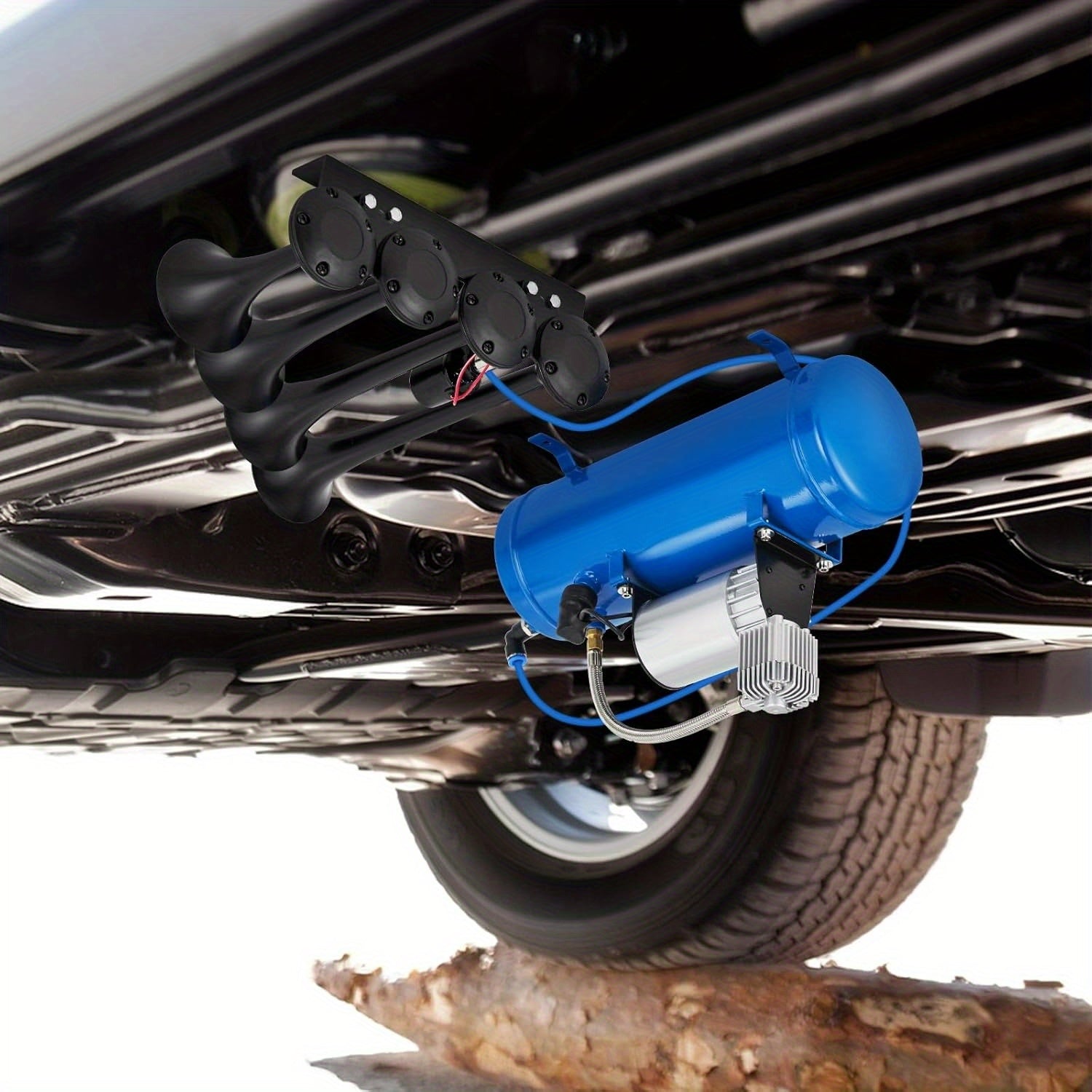 4-Horn Steel Train Horn Kit, 12V 135dB Truck Air Horn Kit with 1.6 Gallon Air Tank & 150 PSI Air Compressor, All-Weather Year-Round Use, Fits Pickup Trucks, Cars, Motorcycles, Semi-Trucks, Jeeps, RVs, SUVs, Vans, Boats, Blue
