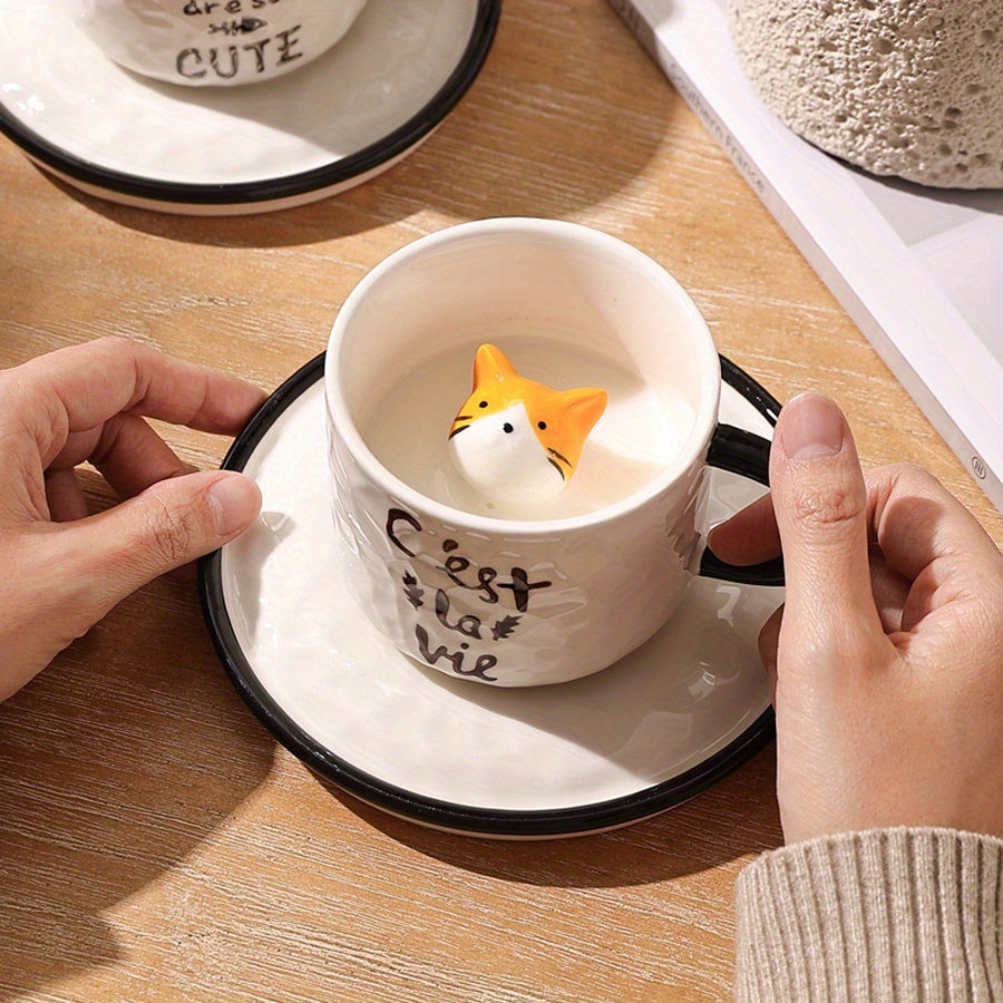 1pc 200ml / 6.7oz Japanese Cute Ceramic Hidden 3D Cat Cup & Saucer, Hand-Painted Under-Glaze Adorable Cat Cup, Breakfast Cup, Afternoon Tea Cup Set, Birthday & Holiday Gift for Cat Lovers
