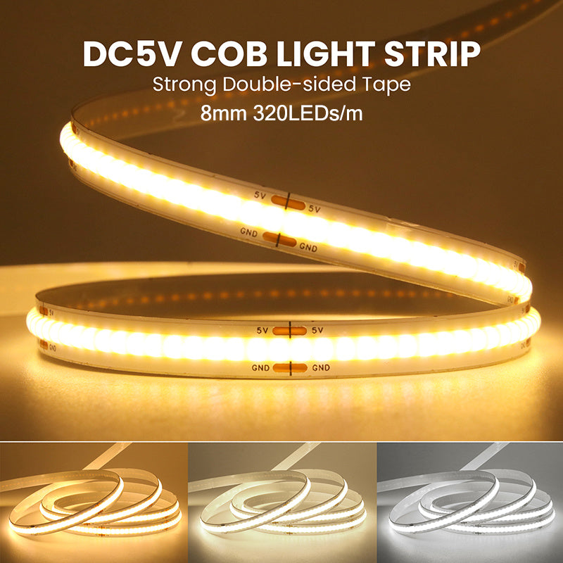 5V COB LED灯带，厚度8mm，提供超薄白色、暖光和中性光。这种柔性灯条非常适合家庭使用、派对、情人节、万圣节。