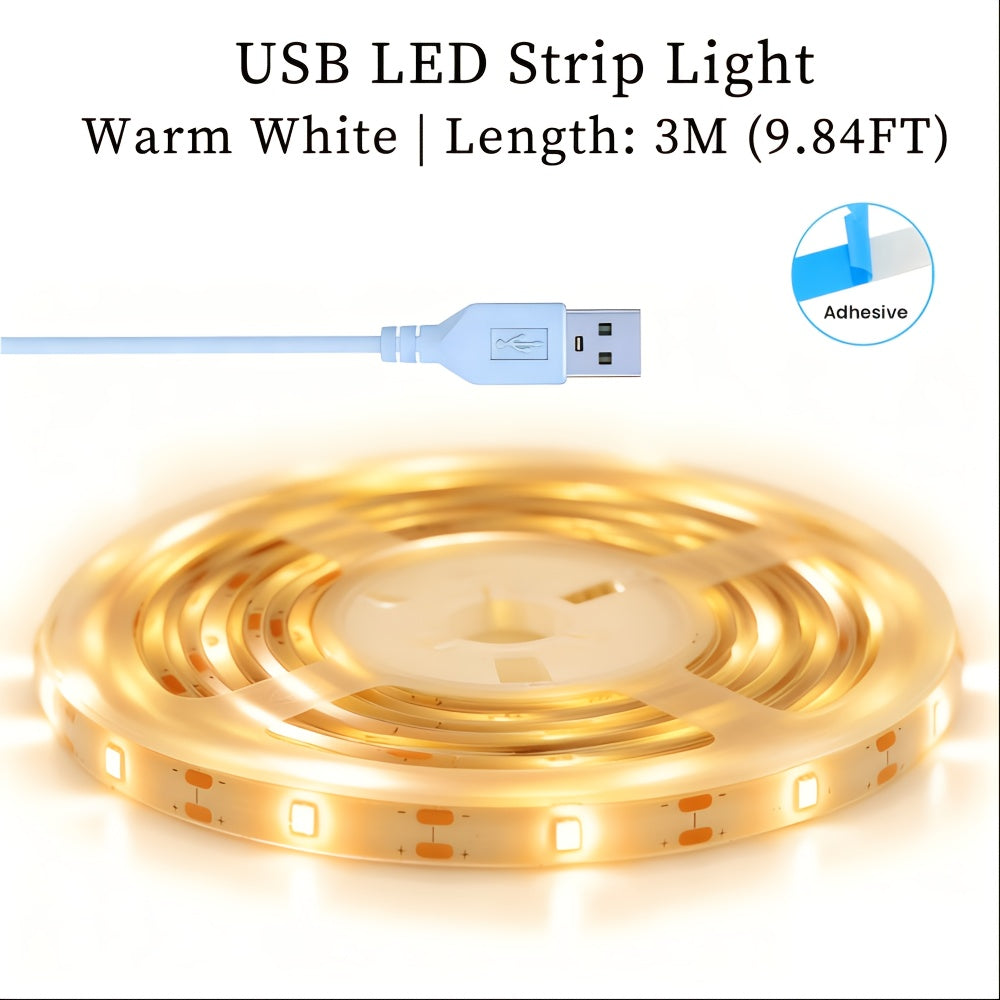 5V USB 超薄可裁剪 LED 灯带 暖白光冷白光 自粘背胶 宿舍化妆台楼梯橱柜衣柜展示柜氛围灯 卧室床头电视背景墙装饰灯 1/3/5 米