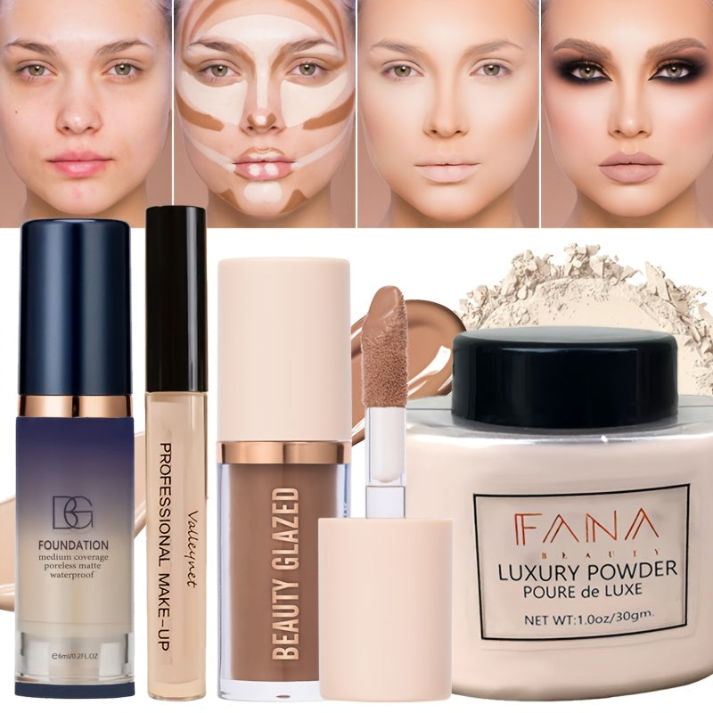 4件/套 液体粉底 Concealer 面部散粉，面部彩妆套装，持久妆效，防水防汗，完美妆容，女士彩妆，哑光质地，适合新手，日常妆容，理想的节日礼物