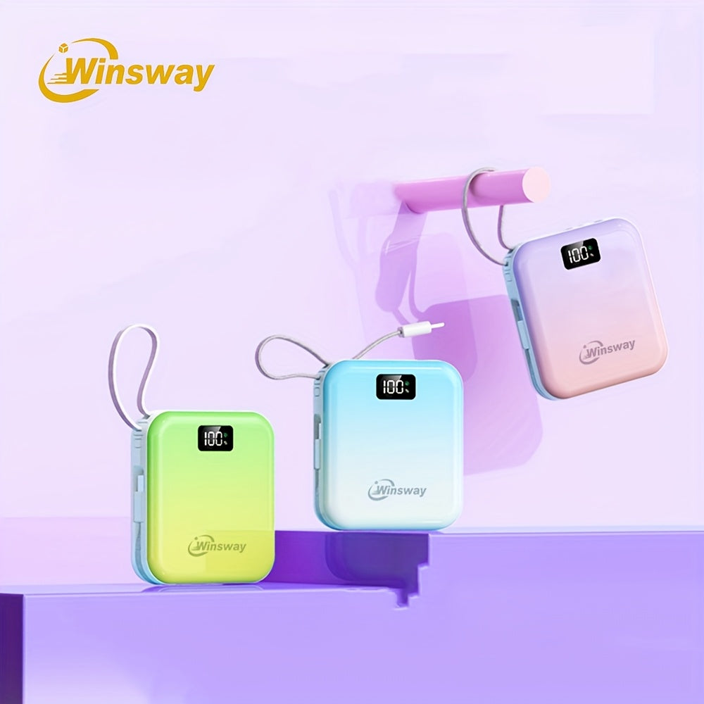 Winsway 2.9英寸迷你充電寶，10000mAh大容量，小巧便攜，內建USB-C雙線輸出，22.5W快充，LED顯示屏，內建掛繩設計，相容多種電子裝置，適合作為高顏值充電寶贈予朋友，聖誕禮物優選